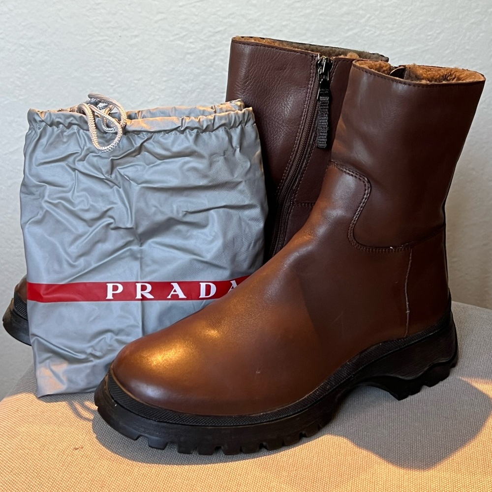 Prada brown fully lined leather boots size 36.5